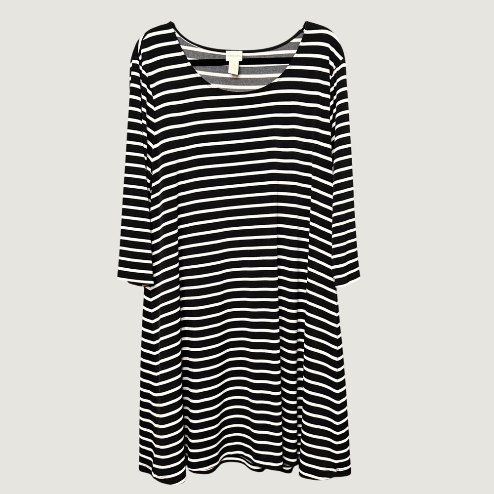 Chicos Black White Striped 3/4 Sleeve Knit Shift Dress Size 3 XL Relaxed Stretch